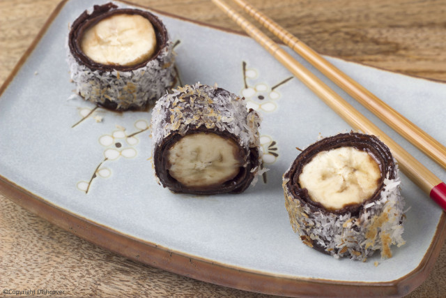pannenkoek sushi met banaan en chocolade