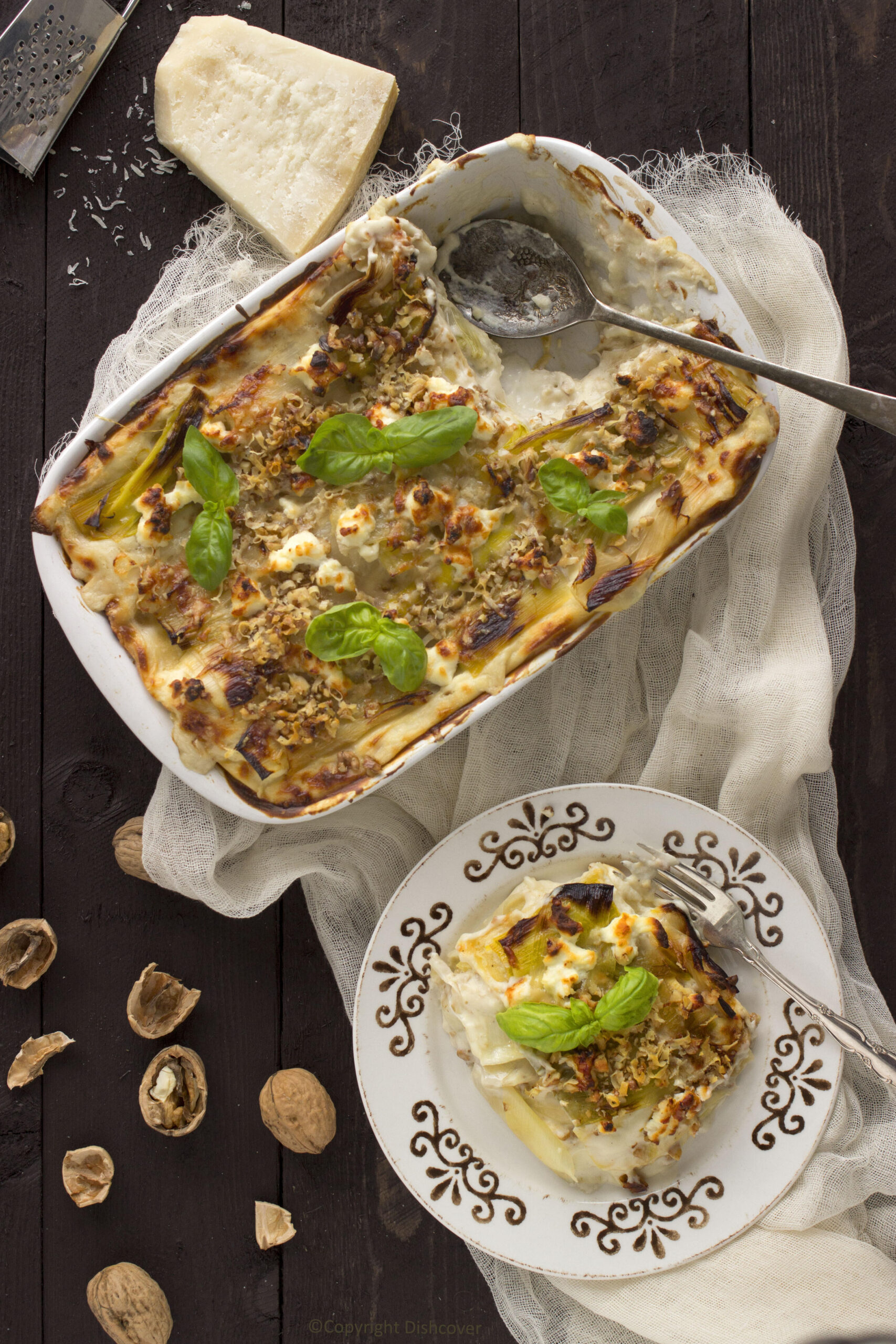 Lasagne van prei en walnoten